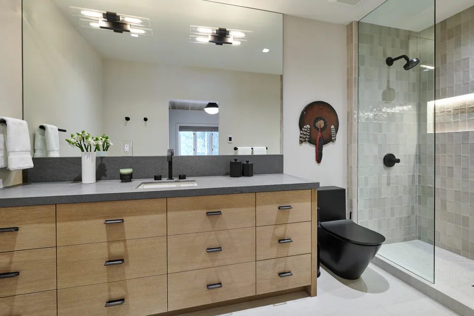 Bathroom at Aspen Renovation, Aspen, Colorado, interior design by Paul Lauren Designs