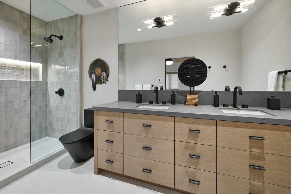 Bathroom at Aspen Renovation, Aspen, Colorado, interior design by Paul Lauren Designs