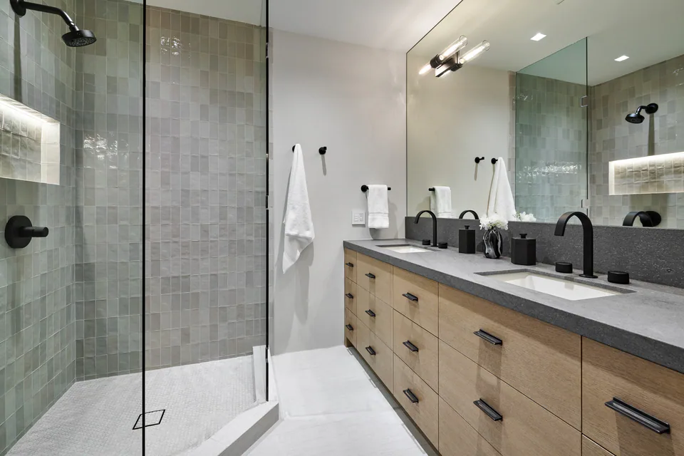 Bathroom at Aspen Renovation, Aspen, Colorado, interior design by Paul Lauren Designs