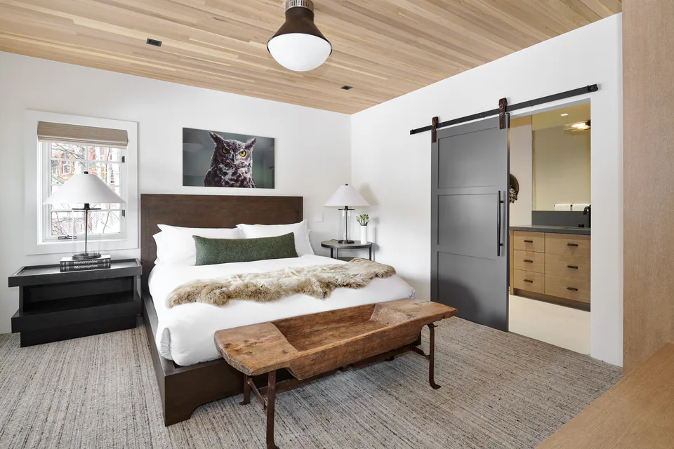 Bedroom at Aspen Renovation, Aspen, Colorado, interior design by Paul Lauren Designs