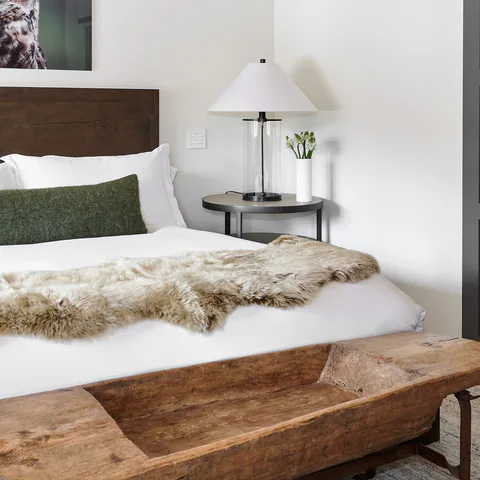 Detail of the bedroom at Aspen Renovation, Aspen, Colorado, interior design by Paul Lauren Designs