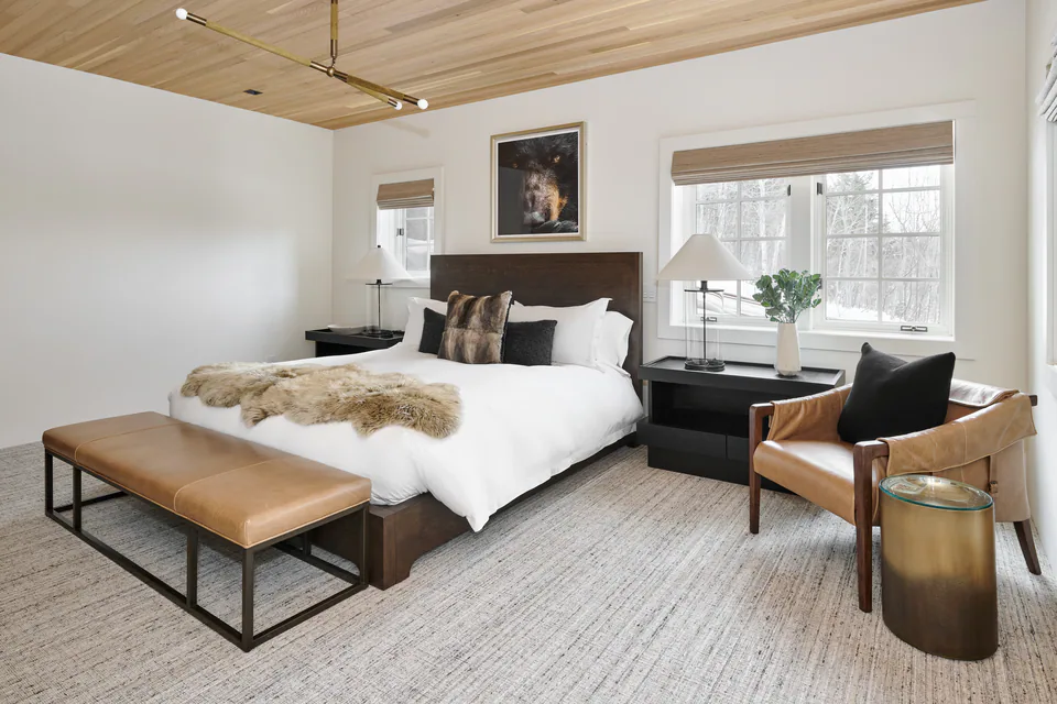 Bedroom at Aspen Renovation, Aspen, Colorado, interior design by Paul Lauren Designs