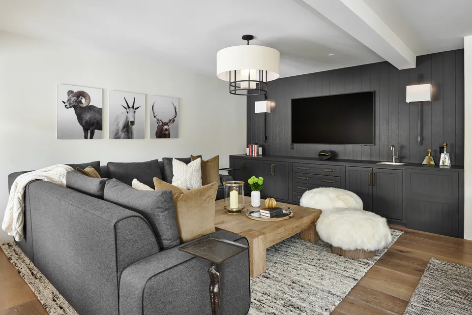 Family room at Aspen Renovation, Aspen, Colorado, interior design by Paul Lauren Designs
