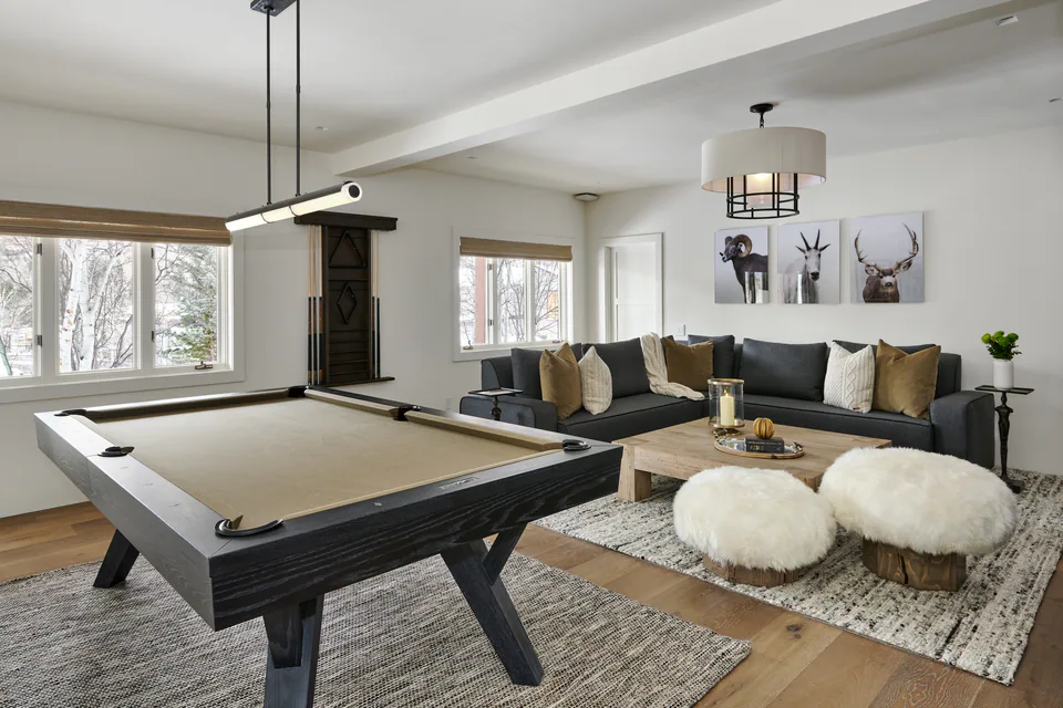 Game room at Aspen Renovation, Aspen, Colorado, interior design by Paul Lauren Designs