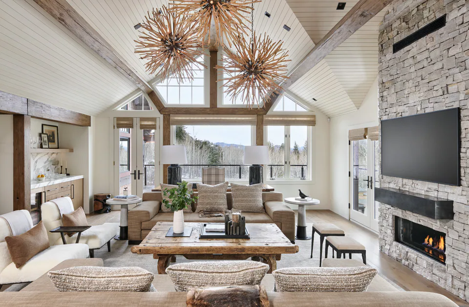 Living room at Aspen Renovation, Aspen, Colorado, interior design by Paul Lauren Designs