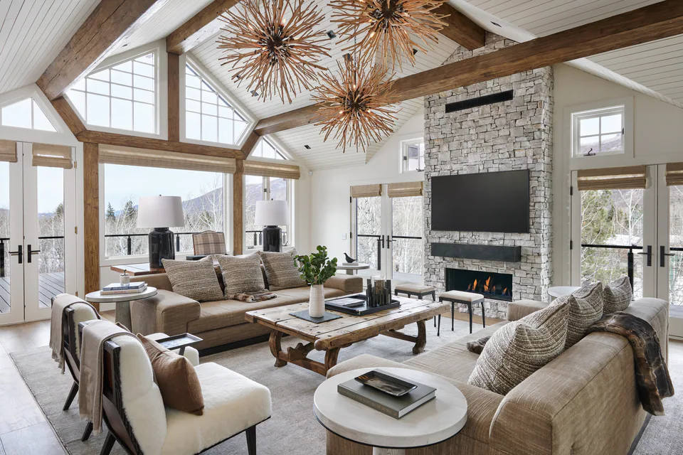 Living room at Aspen Renovation, Aspen, Colorado, interior design by Paul Lauren Designs