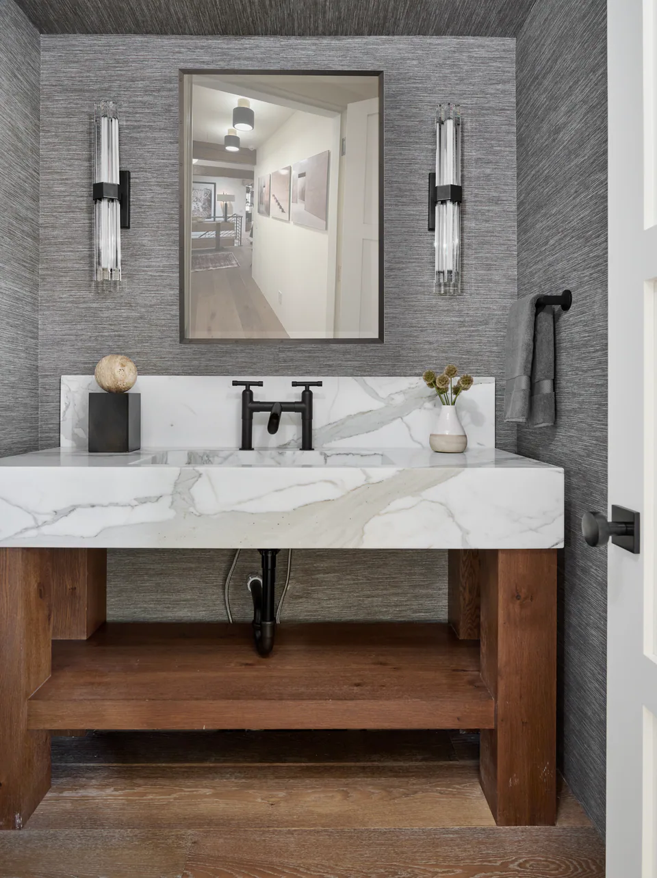 Powder room at Aspen Renovation, Aspen, Colorado, interior design by Paul Lauren Designs