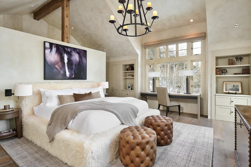 Primary bedroom at Aspen Renovation, Aspen, Colorado, interior design by Paul Lauren Designs