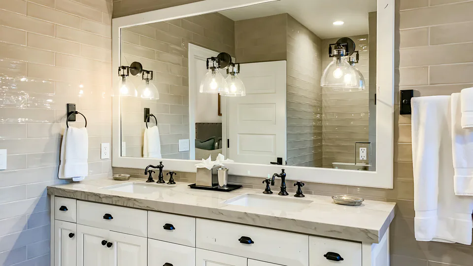 Bathroom at Cabin on the Fairway, Coeur d'Alene Lake, Idaho, interior design by Paul Lauren Designs