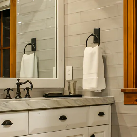 Detail of the bathroom at Cabin on the Fairway, Coeur d'Alene Lake, Idaho, interior design by Paul Lauren Designs
