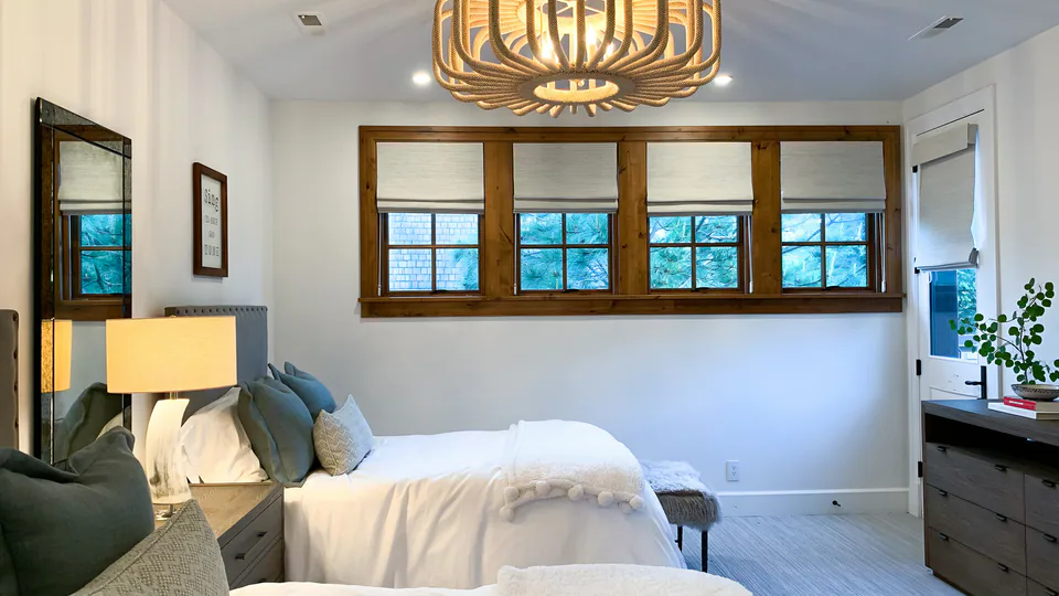 Bedroom at Cabin on the Fairway, Coeur d'Alene Lake, Idaho, interior design by Paul Lauren Designs