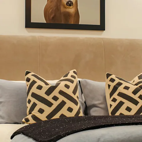 Detail of the bedroom at Cabin on the Fairway, Coeur d'Alene Lake, Idaho, interior design by Paul Lauren Designs