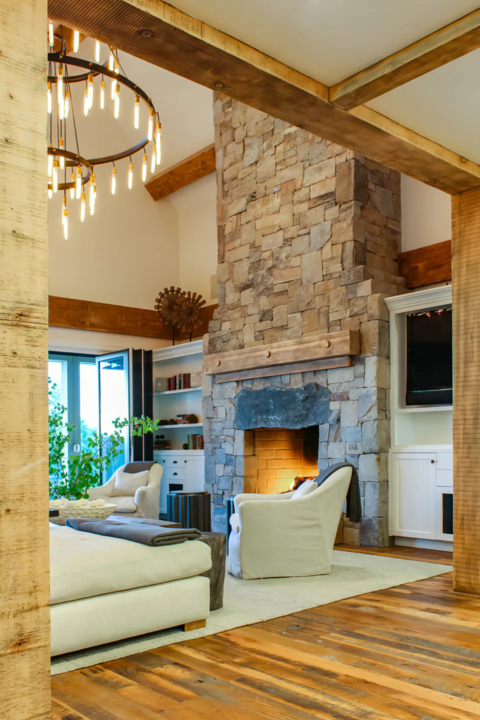 Great room at Cabin on the Fairway, Coeur d'Alene Lake, Idaho, interior design by Paul Lauren Designs