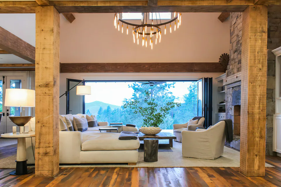 Great room at Cabin on the Fairway, Coeur d'Alene Lake, Idaho, interior design by Paul Lauren Designs