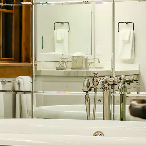 Detail of the primary bathroom at Cabin on the Fairway, Coeur d'Alene Lake, Idaho, interior design by Paul Lauren Designs