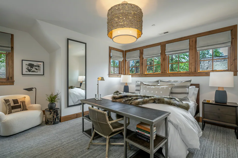 Bedroom at Cabin on the Lake, Coeur d'Alene Lake, Idaho, interior design by Paul Lauren Designs