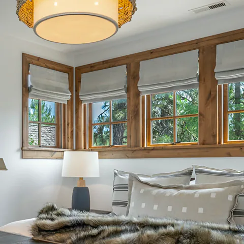Detail of the bedroom at Cabin on the Lake, Coeur d'Alene Lake, Idaho, interior design by Paul Lauren Designs