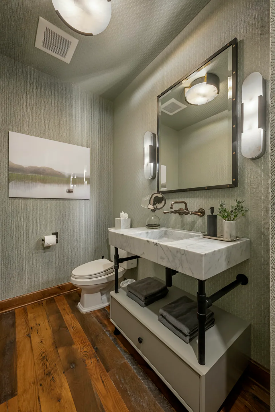 Powder room at Cabin on the Lake, Coeur d'Alene Lake, Idaho, interior design by Paul Lauren Designs