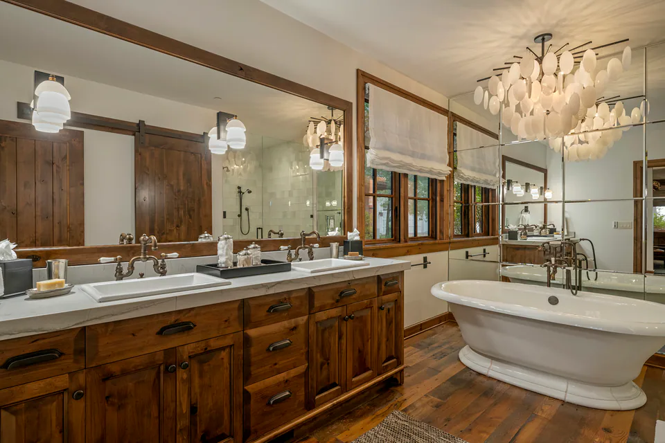 Primary bathroom at Cabin on the Lake, Coeur d'Alene Lake, Idaho, interior design by Paul Lauren Designs