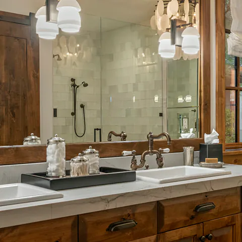 Detail of the primary bathroom at Cabin on the Lake, Coeur d'Alene Lake, Idaho, interior design by Paul Lauren Designs