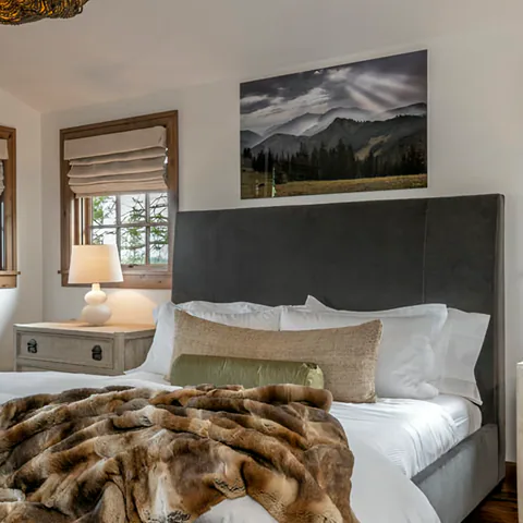 Detail of the primary bedroom at Cabin on the Lake, Coeur d'Alene Lake, Idaho, interior design by Paul Lauren Designs
