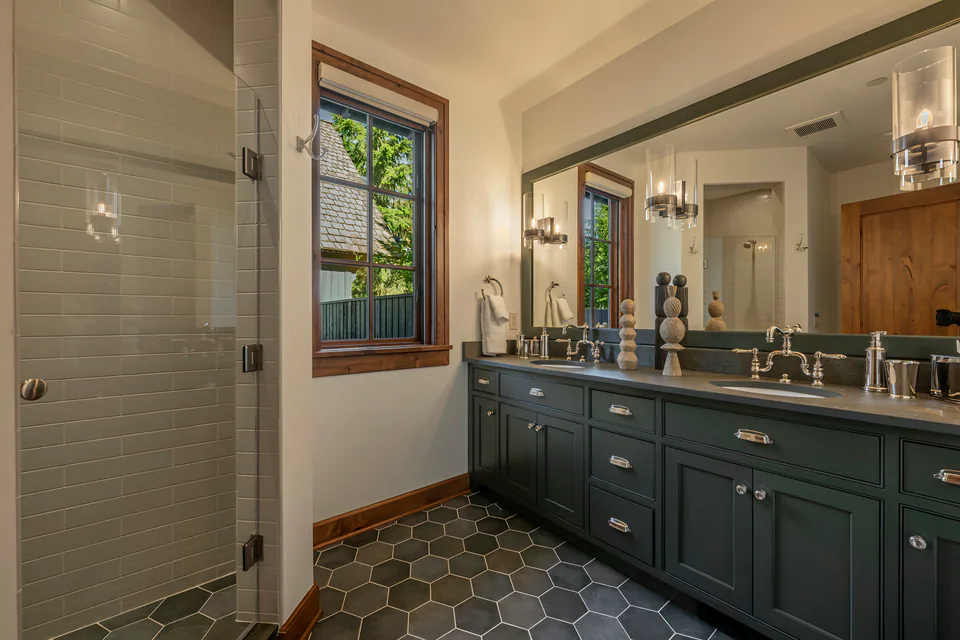 Bathroom at Cabin with a View, Coeur d'Alene Lake, Idaho, interior design by Paul Lauren Designs