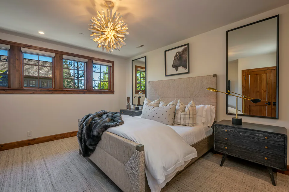 Bedroom at Cabin with a View, Coeur d'Alene Lake, Idaho, interior design by Paul Lauren Designs