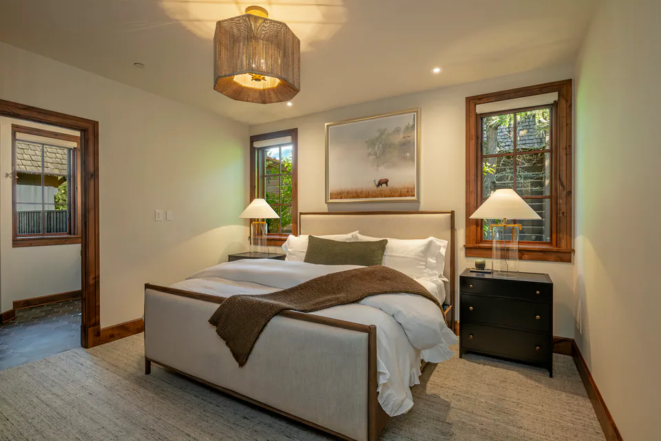 Bedroom at Cabin with a View, Coeur d'Alene Lake, Idaho, interior design by Paul Lauren Designs