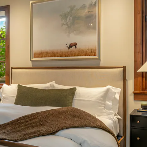 Detail of the bedroom at Cabin with a View, Coeur d'Alene Lake, Idaho, interior design by Paul Lauren Designs