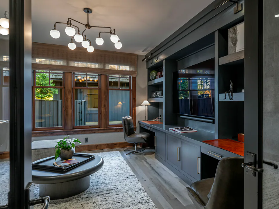 Den at Cabin with a View, Coeur d'Alene Lake, Idaho, interior design by Paul Lauren Designs