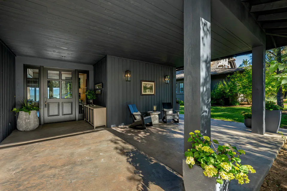 Entry porch at Cabin with a View, Coeur d'Alene Lake, Idaho, interior design by Paul Lauren Designs