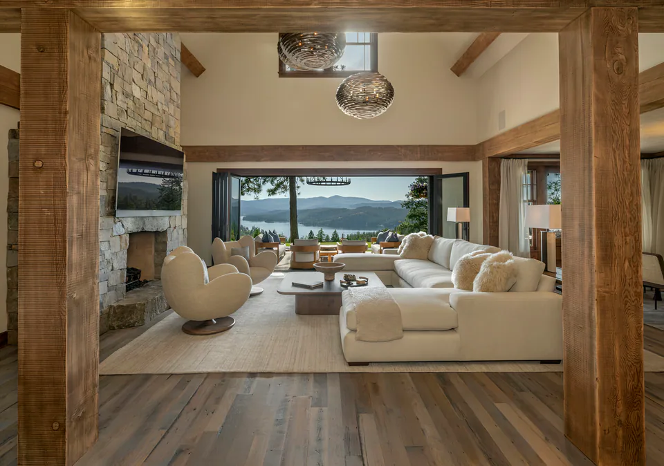 Great room at Cabin with a View, Coeur d'Alene Lake, Idaho, interior design by Paul Lauren Designs