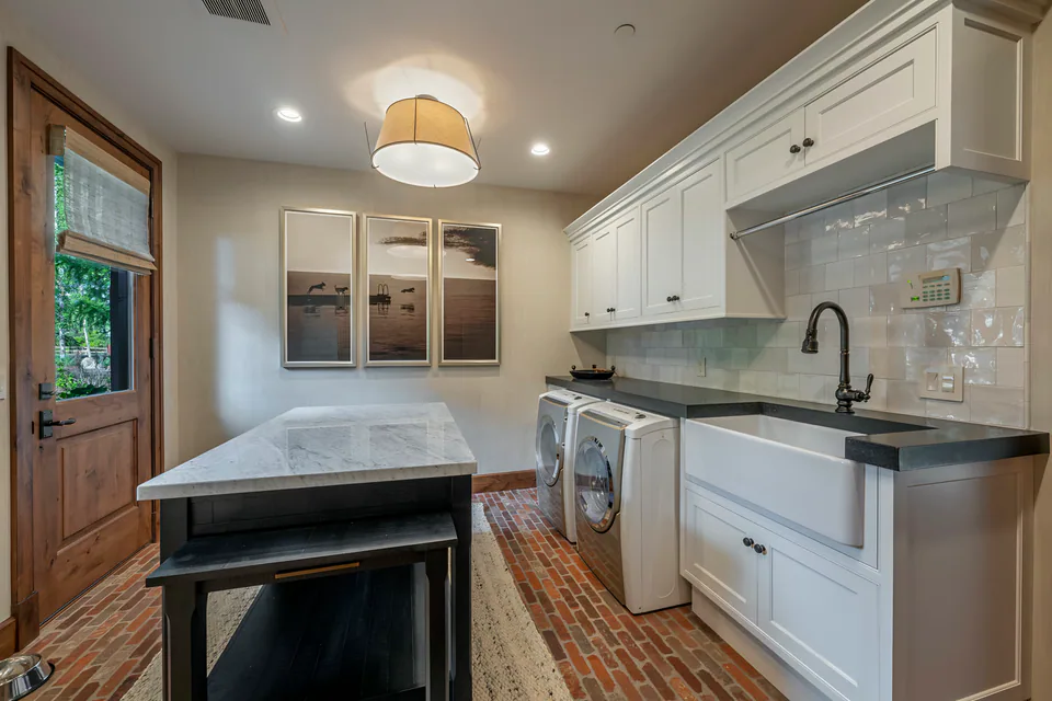 Laundry room at Cabin with a View, Coeur d'Alene Lake, Idaho, interior design by Paul Lauren Designs