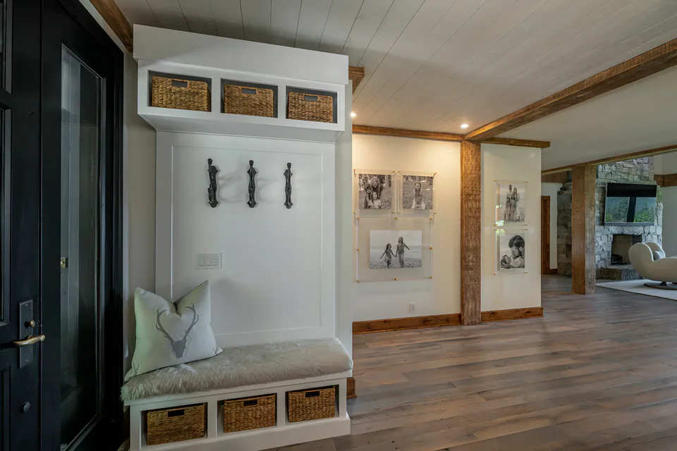 Mudroom at Cabin with a View, Coeur d'Alene Lake, Idaho, interior design by Paul Lauren Designs