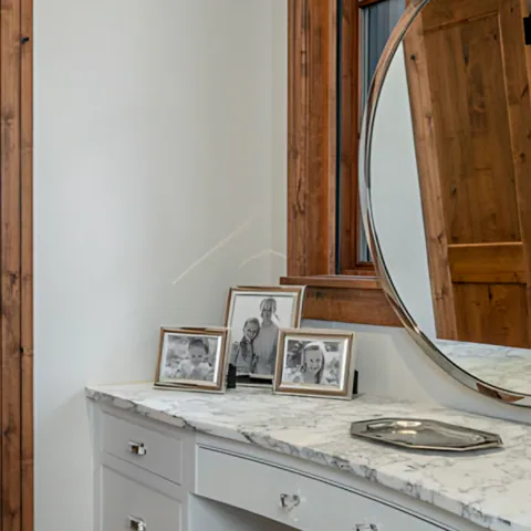 Detail of the primary bathroom at Cabin with a View, Coeur d'Alene Lake, Idaho, interior design by Paul Lauren Designs