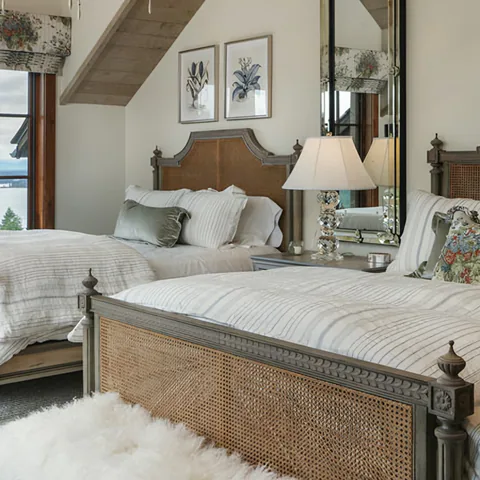 Detail of the bedroom at CDA Lakehouse, Coeur d'Alene, Idaho, interior design by Paul Lauren Designs