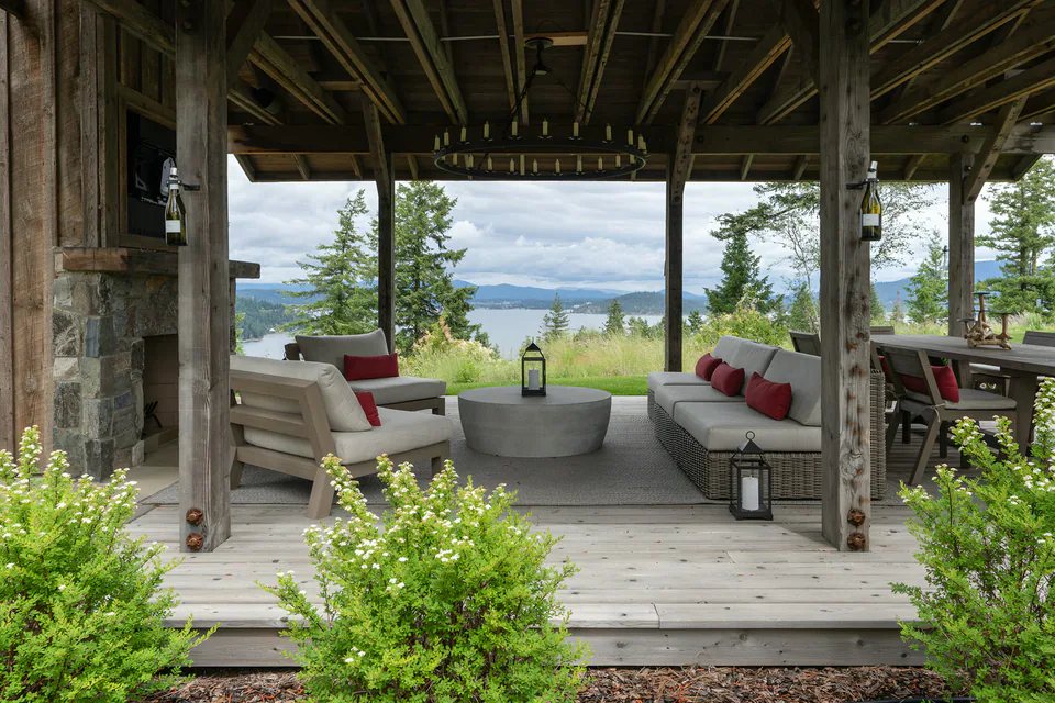 Covered porch at CDA Lakehouse, Coeur d'Alene, Idaho, interior design by Paul Lauren Designs