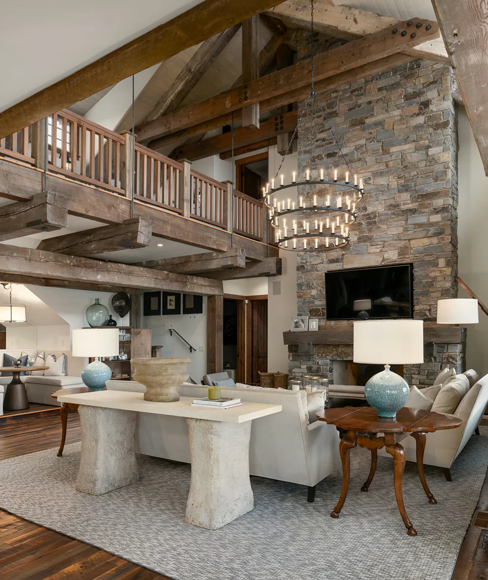 Great room at CDA Lakehouse, Coeur d'Alene, Idaho, interior design by Paul Lauren Designs