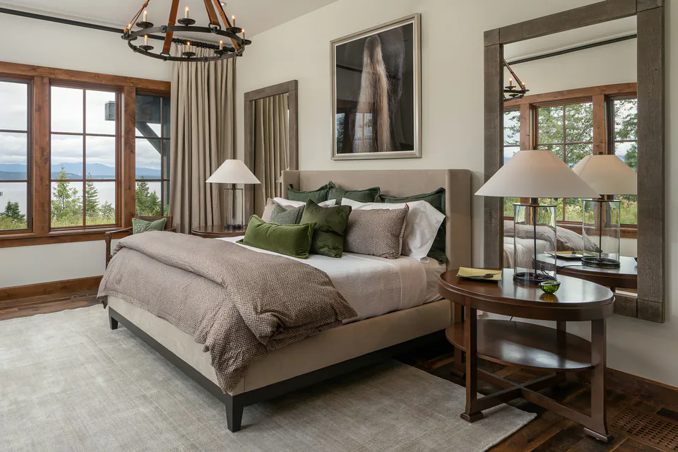 Primary bedroom at CDA Lakehouse, Coeur d'Alene, Idaho, interior design by Paul Lauren Designs