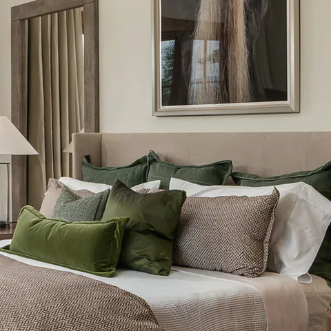 Detail of the primary bedroom at CDA Lakehouse, Coeur d'Alene, Idaho, interior design by Paul Lauren Designs