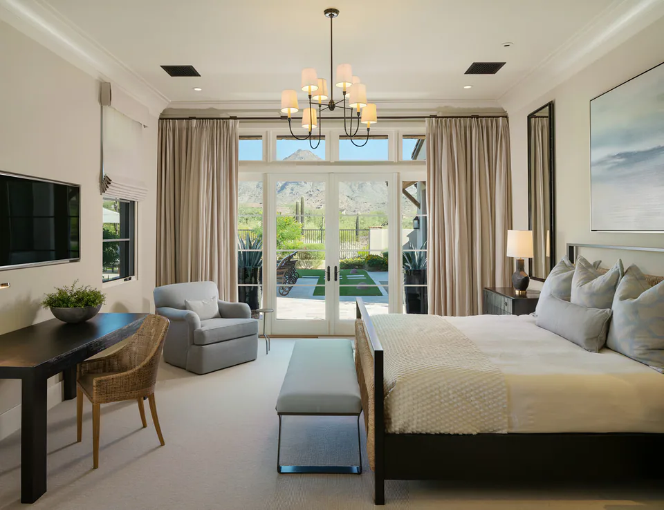Primary bedroom at Desert Classic, Scottsdale, Arizona, interior design by Paul Lauren Designs