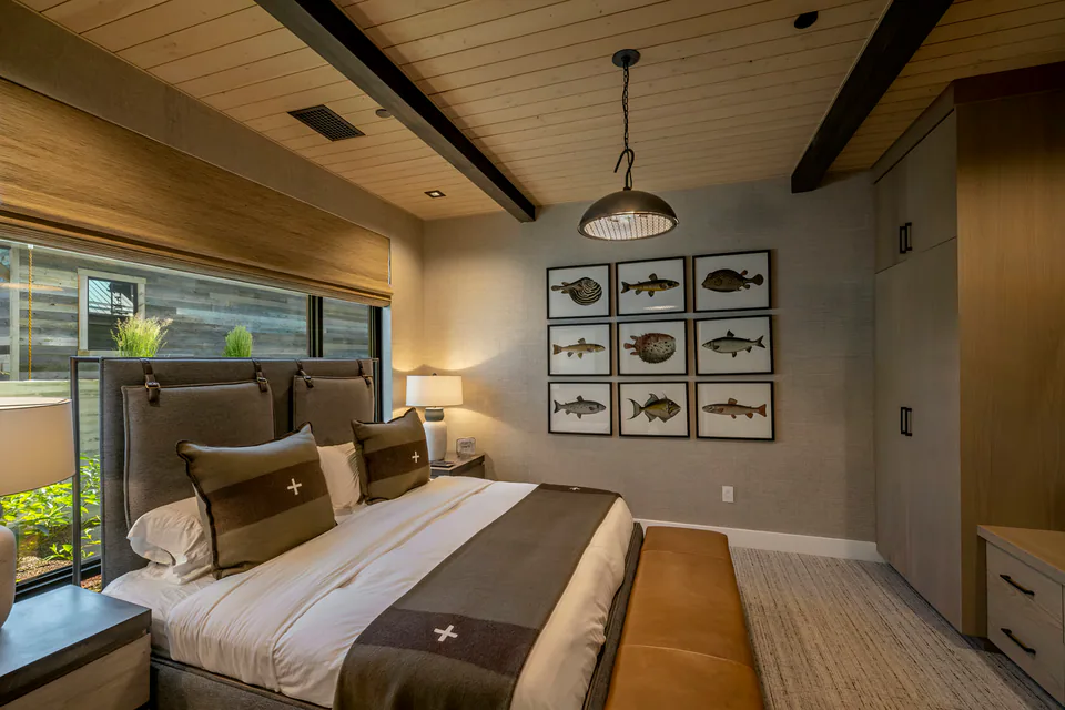 Bedroom at Gozzer Flats, Coeur d'Alene Lake, Idaho, interior design by Paul Lauren Designs
