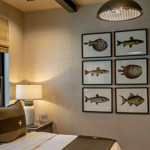 Detail of the bedroom at Gozzer Flats, Coeur d'Alene Lake, Idaho, interior design by Paul Lauren Designs
