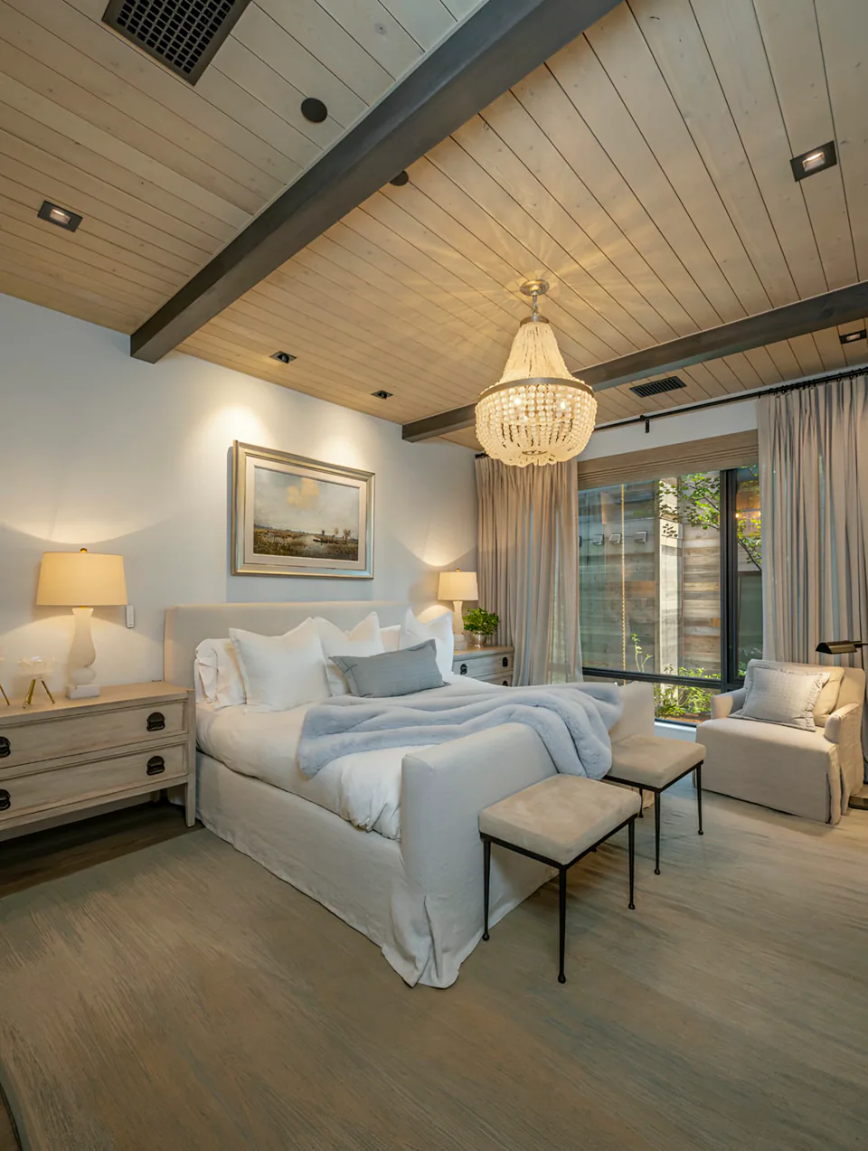 Bedroom at Gozzer Flats, Coeur d'Alene Lake, Idaho, interior design by Paul Lauren Designs