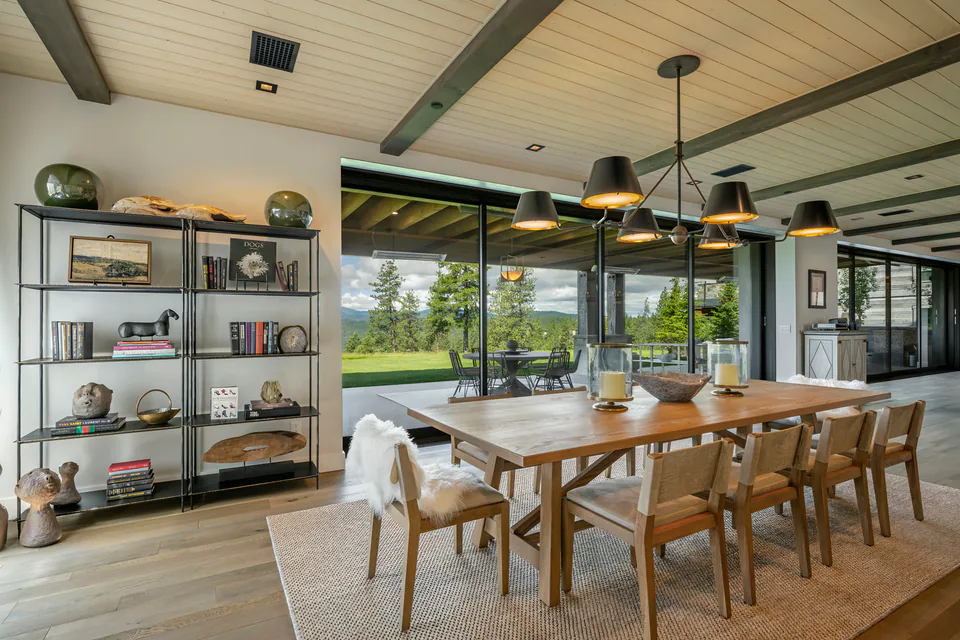 Dining room at Gozzer Flats, Coeur d'Alene Lake, Idaho, interior design by Paul Lauren Designs