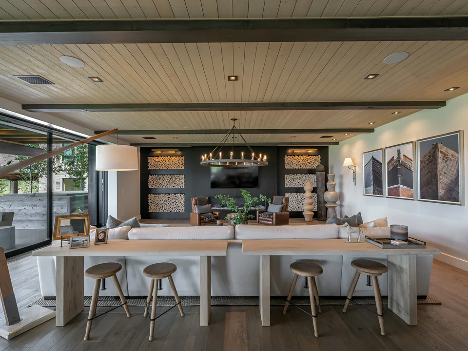 Great room at Gozzer Flats, Coeur d'Alene Lake, Idaho, interior design by Paul Lauren Designs
