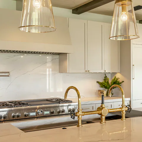 Detail of the kitchen at Gozzer Flats, Coeur d'Alene Lake, Idaho, interior design by Paul Lauren Designs