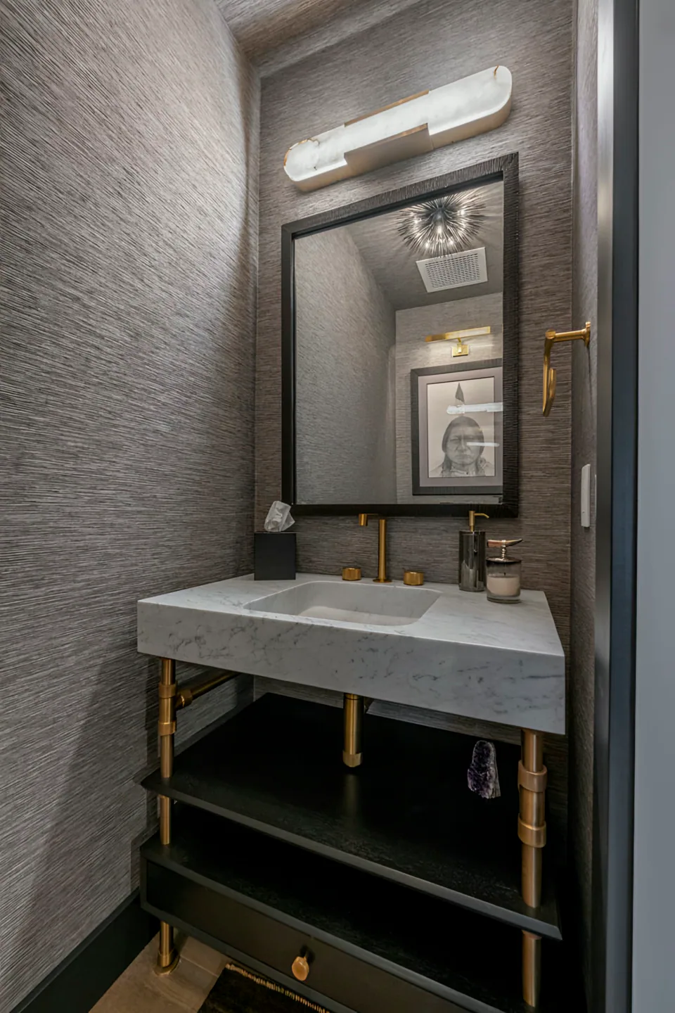 Powder room at Gozzer Flats, Coeur d'Alene Lake, Idaho, interior design by Paul Lauren Designs