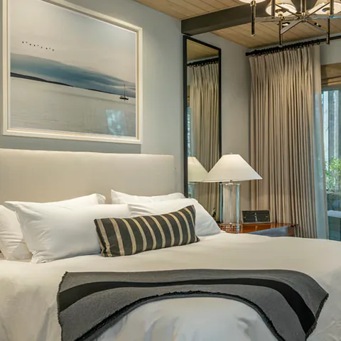 Detail of the primary bedroom at Gozzer Flats, Coeur d'Alene Lake, Idaho, interior design by Paul Lauren Designs