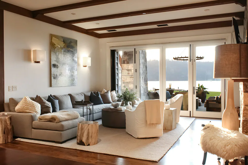 Living room at Lakefront Condo I, a private residence, interior design by Paul Lauren Designs